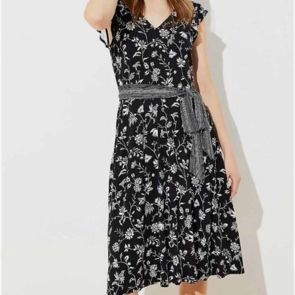 LOFT black floral print midi dres